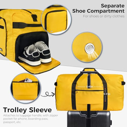 Fmeida 65L Duffle Bag with Shoes Compartment, Foldable Travel Duffel Bags for Men Women, Large Packable Travel Bag Water Repellent & Tear Resistant (Yellow) - color: Glossy Yellow