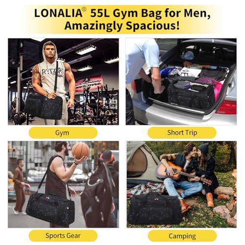 55L Large Gym Duffle Bag for Men, 22 inch, Marble Black | Heavy Duty, Gym Duffel Bag, Multi Pockets, Spacious - color: Marble Black