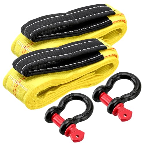 Pindex 2 Pack 2" x 8' Upgrade Web Lifting Sling & 1/2" D Ring Shackle 13000 Lbs Breaking Force 3500 Lbs Pulling Forces Lift Sling Straps for Rocks Trees Mowers Tool in Trailers Tractors Trucks, Yellow - size: 2" x 8' & Ring Shackle