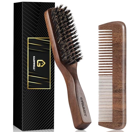 GAINWELL Mens Hair Brush Beard Comb Set, Slick Back Boar Bristle Hair Brush with Stiff Bristles for Thick Hair, Natural Black Walnut Gold Sandalwood Handle, Beard Mustache Brushes Comb Kit - size: Regular(2Pcs Set)