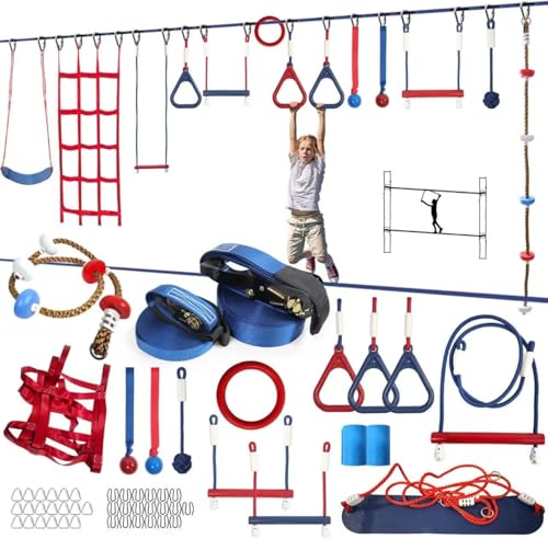 Ninja Warrior Obstacle Course for Kids – 2 x 60 ft Slacklines with 13 Weatherproof Obstacles – Includes Bottom Line, Traverse Rings, Monkey Net – Supports 880 lbs – Easy Setup on Trees or Posts - color: Rwb, size: 2 x 60' + 13 Obstacles