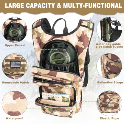 Hydration Backpack, Tactical Molle Water with 3L TPU Water Bladder | Lightweight Military Hydration Daypack for Hiking, Running, Cycling, Climbing, Biking, 105 oz, Breathable Back Panel - color: Khaki Camouflage