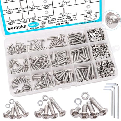 500PCS M3 M4 M5 Metric Screw Assortment Kit, 8-20mm Button Head Socket Cap Screws Bolts Nuts Washers Assortment Kit, 304 Stainless Steel Metric Bolts with 3 Hex Wrench - size: SS M3 M4 M5, style: Button Head