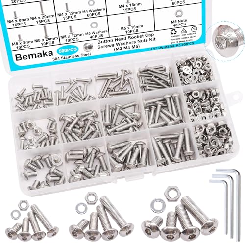 500PCS M3 M4 M5 Metric Screw Assortment Kit, 8-20mm Button Head Socket Cap Screws Bolts Nuts Washers Assortment Kit, 304 Stainless Steel Metric Bolts with 3 Hex Wrench - size: SS M3 M4 M5, style: Button Head