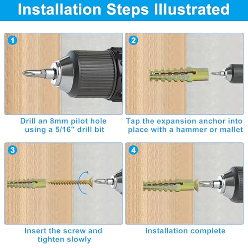 BokWin 20 Pack Gold Anchors and Screws Kit | Heavy Duty Hollow Wall Hinge Repair Kit, For Concrete Drywall Wood, Tree Shape Expanding Grip, For Loose or Stripped Holes