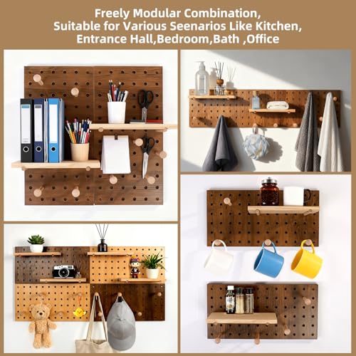 Brown Wood Pegboard Modular Set of 2 | Includes wall hooks & shelf, for home/office/bathroom storage - color: Brown