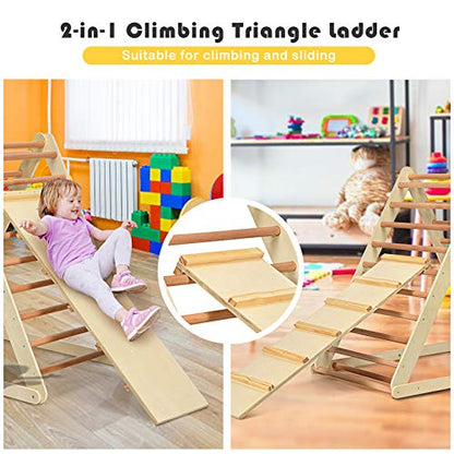 HONEY JOY Triangle Climber with Ramp, 2-in-1 Indoor Toddler Climbing Triangle Set with Ladder & Slide, Foldable Wooden Kids Climbing Toys for Playground, Gym & Daycare, Gift for Boys Girls (Natural) - color: Natural