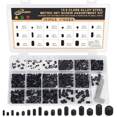 791PCS Metric Set Screw Assortment Kit, 12.9 Alloy Steel Set Screws | 17 Sizes Internal Hex Drive Cup-Point Grub Screws for Bathroom Fixtures, Door Handles, M2, M2.5, M3, M4, M5, M6 & M8 - color: Black, size: 791PCS