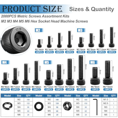 mxuteuk 2000PCS Metric Screw Assortment Kit,M6 M5 M4 M3 M2 Machine Screws,12.9 Carbon Steel Black Zinc Plated Hex Socket Head Cap Bolts Nuts and Washers Kit for 3D Printing DIY - size: 2000PCS M2 M3 M4 M5 M6, style: Hex Socket Head