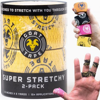 Goat Tape Super Stretchy Thumb Tape - Weightlifting Hook Grip Tape & WOD Tape for Cross Training, Gym Workout Tape, Athletic Finger Wrap - Flexes with Every Move - 15 Feet per Roll (Yellow 2-Pack) - color: Yellow 2-pack