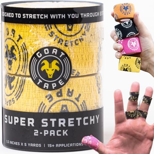 Goat Tape Super Stretchy Thumb Tape - Weightlifting Hook Grip Tape & WOD Tape for Cross Training, Gym Workout Tape, Athletic Finger Wrap - Flexes with Every Move - 15 Feet per Roll (Yellow 2-Pack) - color: Yellow 2-pack
