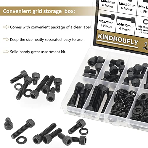 126 Pieces Black M6 x 8/10 /12/16 /20/25 /30mm Hex Socket Head Cap Screws Nuts Washers Assortment Kit, 12.9 Grade Alloy Steel - size: M6, style: Socket Head