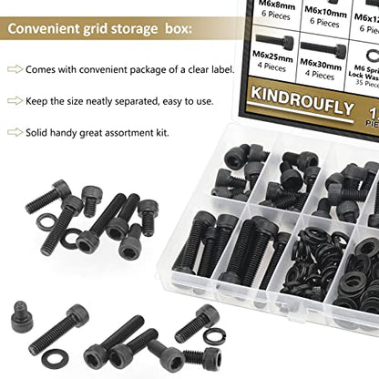 126 Pieces Black M6 x 8/10 /12/16 /20/25 /30mm Hex Socket Head Cap Screws Nuts Washers Assortment Kit, 12.9 Grade Alloy Steel - size: M6, style: Socket Head