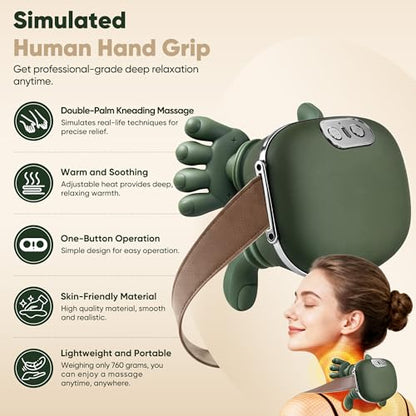 Neck Massager with Heat, Cordless Human-Like Massage, Pain Relief, Green | Neck Massager with 2 Heat Levels and 10-Min Auto Shut-Off, Relax Neck & Shoulders at Home, Office, Breaks or Before Sleep