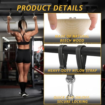 Wooden Grip Balls for Pull-Ups – 2-in-1 Flat Top & Half-Sphere Design – Beech Wood Forearm Strength Trainer with Straps & Metal Clips – for Climbers & Athletes