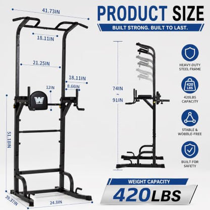 BARWING Pull Up Bar Station, Power Tower, Dip Station with 3D Backrest, Multi-Function Strength Training Stand Rack, Adjustable Height Dip Bar for Home Gym Workout Stand Fitness Exercise Equipment - color: P007C-B
