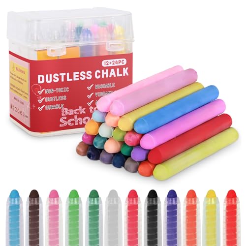 Dustless Chalk for Kids - 36 PCS Colored Non-toxic Twistable Sidewalk Chalk with Holder, Dust-free Washable Back to School Toddler Chalk, Art Tool for Children Outdoor Blackboard Drawing Writing - style: 12+24PC