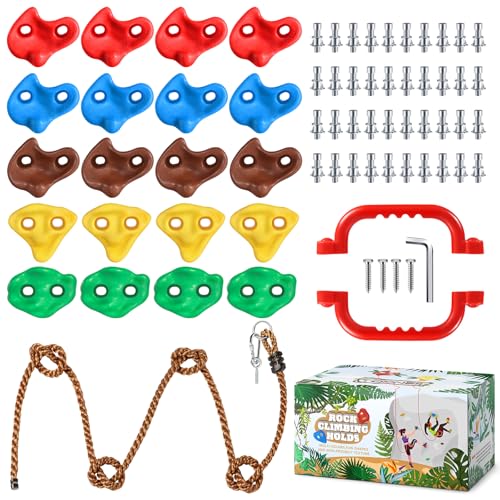 TOPNEW 20 PCS Rock Climbing Holds for Kids, Rock Wall Holds with 6.56 Ft Climbing Rope and 2 Handles, Rock Wall Climbing Kit for Indoor and Outdoor Playset - Includes Mounting Hardware - style: 20 PCS Rock Climbing Holds+6.56 Ft Climbing Rope+2 Handles