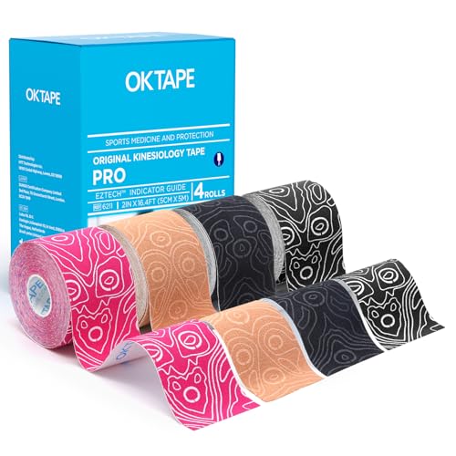 OK TAPE PRO Kinesiology Tape Uncut Roll Bulk, Elastic Physical Therapy Tape | 2 Inch Athletic Tape for Pain Relief, Muscle Support, Kinetic Tape, Water Resistant, 16.4Feet -Mixed 4 Rolls - color: Mixed, size: 4 pack