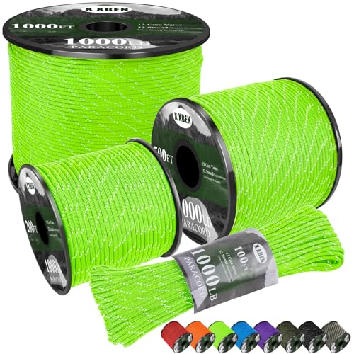 X XBEN Paracord Reflective 1000lb, 50/100/200/500/1000ft 4mm, 13 Strand Parachute Spool Cord, Survival Rope for Camping, Fishing, Hiking, Tent, Clothesline, DIY Crafts & Survival Bracelet, Neon Green - color: Neon Green, size: 500ft