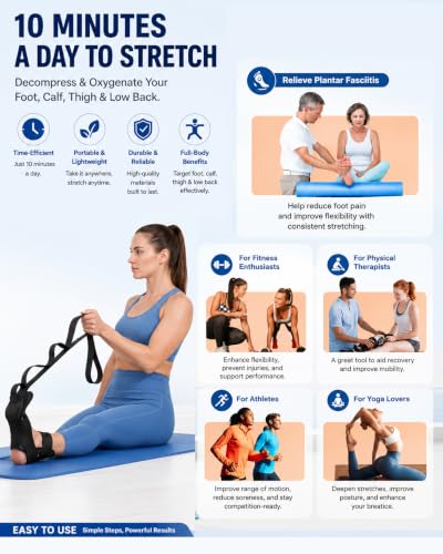 Foot & Calf Stretcher for Plantar Fasciitis Relief, Adjustable Stretching Strap & Foot Rocker Combo for Achilles Tendon, Heel Pain, Hamstring & Muscle Recovery – Physical Therapy Stretching Device for Home Use - color: Darkness