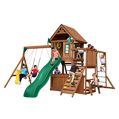 Swing-N-Slide WS 8352 Knightsbridge Ultimate Wooden Swing Set with Slide, Play Set, Monkey Bars, Climbing Wall, Wood Roof, Picnic Table & Glider, Wood, Green - size: Knightsbridge Ultimate