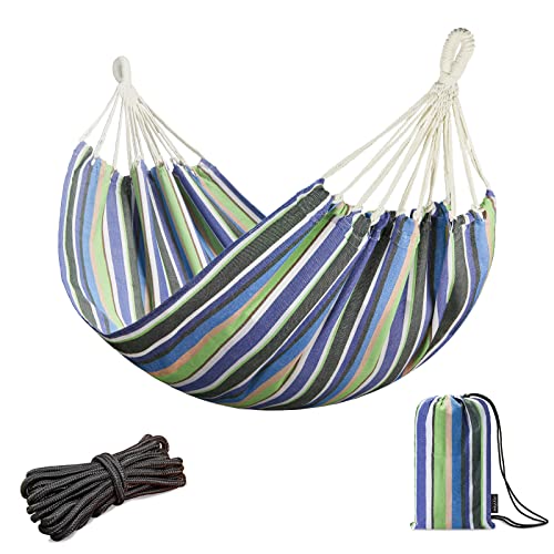 JoyView Brazilian Hammock for Single Person Portable Hammock with Hanging Ropes & Carry Bag Large 78.8x39.4” for Patio 300LBS Capacity Perfect for Outdoor/Indoor - Blue & Green Stripes - color: Blue & Green Stripes