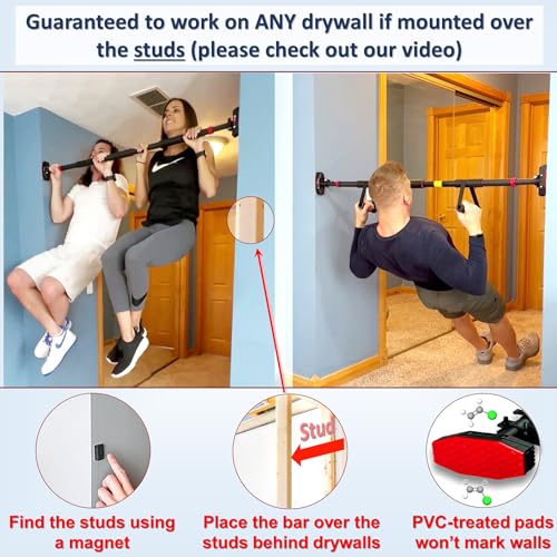 Pull Up Bar for Hallway or Doorway 6-piece Set with Two Attachable Resistance Bands/Handles, Training Manuals, No Screws Chin Up Bar, Max 680lbs, Width options: 27-37", 37-47"; 46-53" - size: 26"-37"