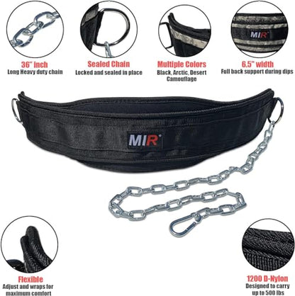 Mir Dip belt With 36" - 38" chain, 500lbs - 650lbs weight capacity, Weight lifting for dips and pullups - color: BLACK
