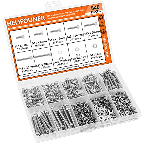HELIFOUNER 540 Pieces M3 x 6mm /8mm /12mm /16mm /20mm /25mm /30mm, Hex Socket Head Cap Screws Bolts Washers Nuts Kit, 304 Stainless Steel - size: M3, style: Socket Head Screws