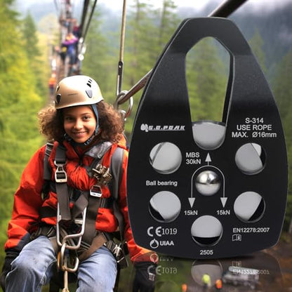 SEPEAK 30kN Large Rescue Pulley Sheave with Swing Plate CE UIAA, Portable Outdoor Climbing Pulley for Backyard Zipline,Fits Rope up to 16 mm/Holds Up to 6750lbs - color: Black