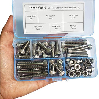M6 Hex Socket Head Cap Bolts Nuts Screws Assortment Set 304 Stainless Steel Screws M6*10mm/16mm/20mm/30mm/40mm