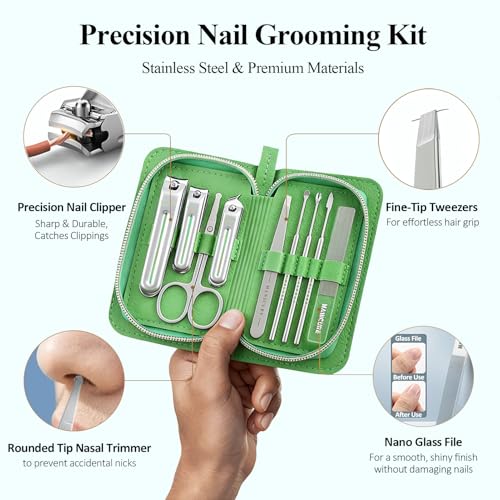 9-in-1 Manicure and Pedicure Kit for Men & Women, Travel Nail Clipper Set with Stainless Steel Tools & Glass Nail File, Portable Grooming Kit in PU Leather Case, Personal Care Gift - color: Green-Silver