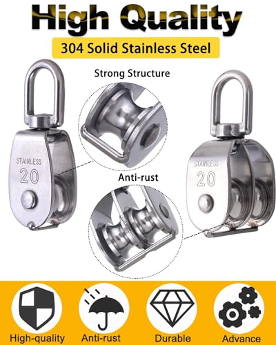 20 Pack M20 Pulley Block, 10 Pcs Single Pulley & 10 Pcs Double Pulley | 304 Stainless Steel Wire Rope Lifting Swivel Hook - style: 10 Pack Single & 10 Pack Double