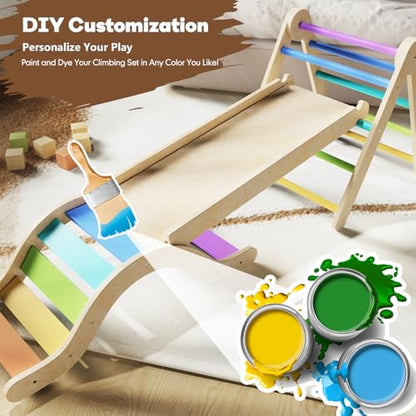 Pikler Triangle Set 7in1 Toddler Climbing Toys Indoor Foldable Baby Climbing Toys Wooden Montessori Climbing Set with Arch, Ramp, Ladder for 1-3 Years, Jungle Gym for Kids (Natural)