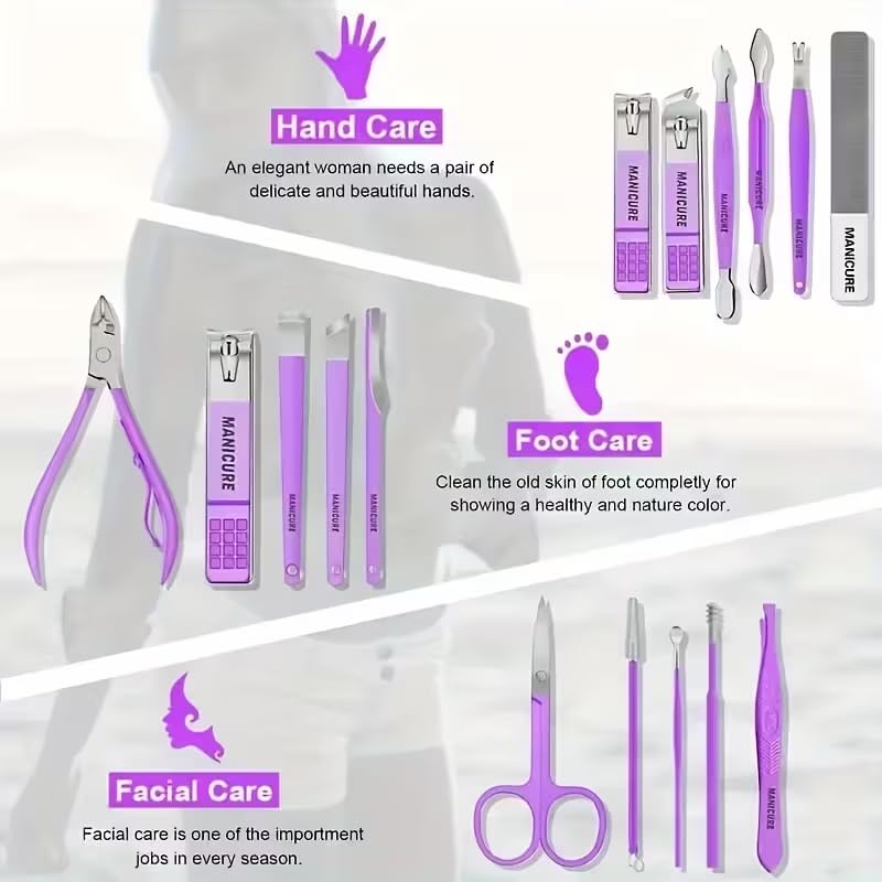 16 pcs Stainless Steel Nail Care Tools Grooming Kit with Luxurious Travel Leather Case for Thick Nails Men Women Gift,Manicure Set Professional NailClippers Pedicure Kit,Sharp Nail Scissor(Purple)