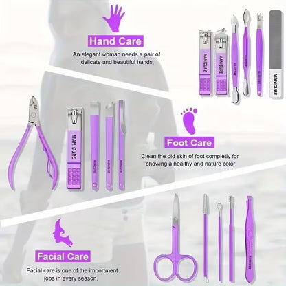 16 pcs Stainless Steel Nail Care Tools Grooming Kit with Luxurious Travel Leather Case for Thick Nails Men Women Gift,Manicure Set Professional NailClippers Pedicure Kit,Sharp Nail Scissor(Purple)