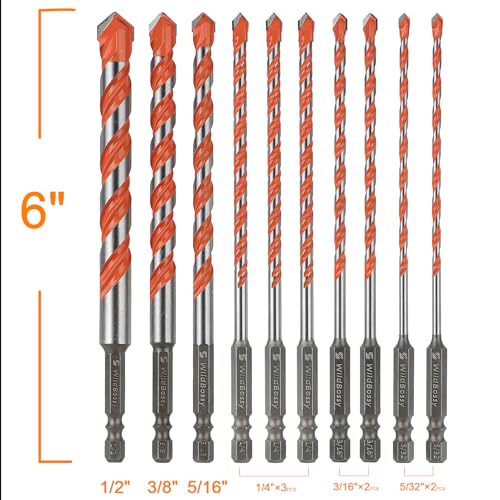 Concrete Drill Bits, 1/4" Hex Shank Masonry Bits, 10PCS | carbide masonry drill bits for concrete, brick, tile, glass, cement and plastic with hex shanks - size: 1/4 in