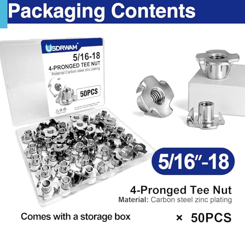 50PCS 5/16"-18 T Nuts for Wood, Zinc-Plated 4-Prong Tee Nuts | Carbon steel construction, Hammer-in installation design - style: 50 PCS 5/16"-18 Size