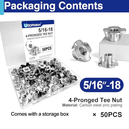 50PCS 5/16"-18 T Nuts for Wood, Zinc-Plated 4-Prong Tee Nuts | Carbon steel construction, Hammer-in installation design - style: 50 PCS 5/16"-18 Size