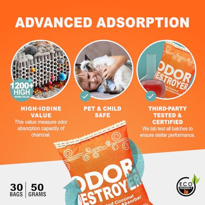 Sunlight® Shoe Deodorizer, Activated Charcoal Odor Absorber Bags, Chemical Free Odor Eaters for Shoes, Shoe Smell Remover Inserts, (50g, 2 Bags)