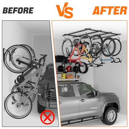TORACK Ceiling Bike Rack for Garage, Ceiling-Mounted Bicycle Storage Hooks for 4 Bikes (Horizontal) or 8 Bikes (Vertical), Adjustable Overhead Bicycle Hooks for Mountain, Road, and Kids' Bike - style: 4 bikes horizontal