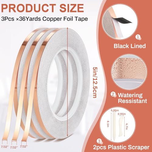 Innconee 5 Pcs Black Backed Copper Foil Stained Glass Black Lined Foil Copper 3 Sizes for Stained Glass Set Hand Supplies Craft Tools(7/32inch X 108ft X3) - size: 7/32inch X 108ft X3