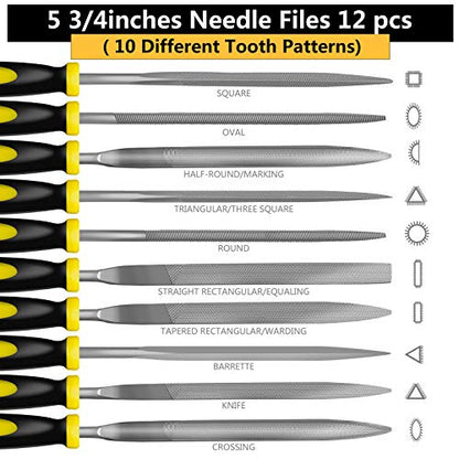 Metal File Set, Large Flat File/Half-Round File/Triangle File/Round File and 12 pcs Needle Files with Storage Bag and Steel Brush for Woodwork, Metal, Leather and Plastic - color: Black-17pcs