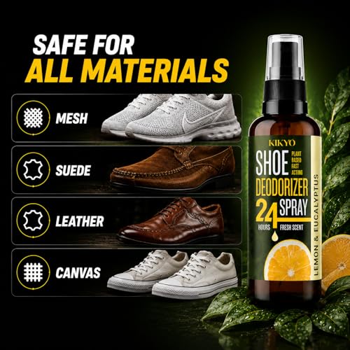 KIKYO Shoe Deodorizer Spray - Natural Plant-Powered Odor Eliminator for Smelly Shoes, Sneakers, Work Boots, 24 Fresh Protection & Lemon Eucalyptus Scent, 4 oz