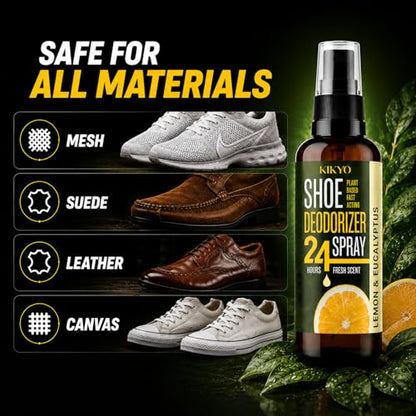 KIKYO Shoe Deodorizer Spray - Natural Plant-Powered Odor Eliminator for Smelly Shoes, Sneakers, Work Boots, 24 Fresh Protection & Lemon Eucalyptus Scent, 4 oz