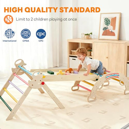 DUMOS Pikler Triangle Set, Toddler Climbing Toys and Play Structure Indoor, 9-in-1 Wooden Montessori Climbing Set with Arch, Ramp and Ladder, Foldable Baby Jungle Gym, Rainbow - color: Rainbow