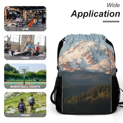 Small Gym Bag Mount Rainier Printed Drawstring Gym Bag for Men Lightweight Waterproof Drawstring Backpack for Women with Shoe Compartment for Travel Tourism Work And Fitness