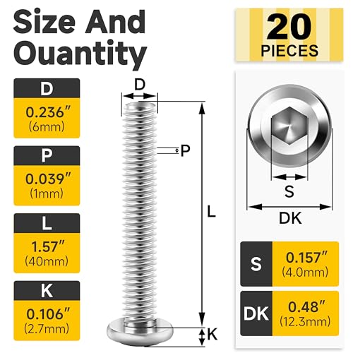 Mywish M6 x 40mm 20Pcs Flat Head Hex Socket Cap Screws Bolts, 304 Stainless Steel Furniture Bolts Full Thread, Bright Finish & Hex Spanner - color: Silver-M6, size: 40mm