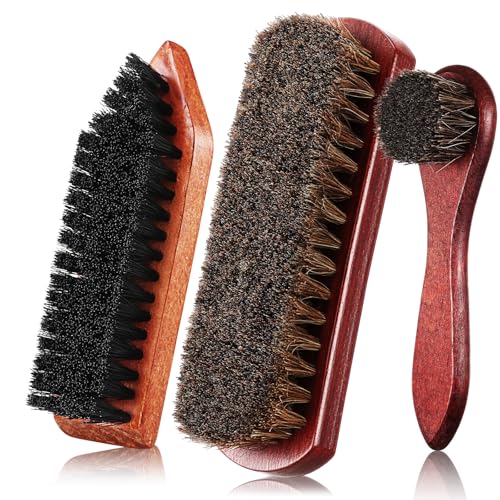 Vesici 3 Pcs Boot Brush Shoe Cleaning Horsehair Brush Wood Handled Shoe Cleaner Tool for Leather Care Dirt Scrubber Women Men Home Accessories